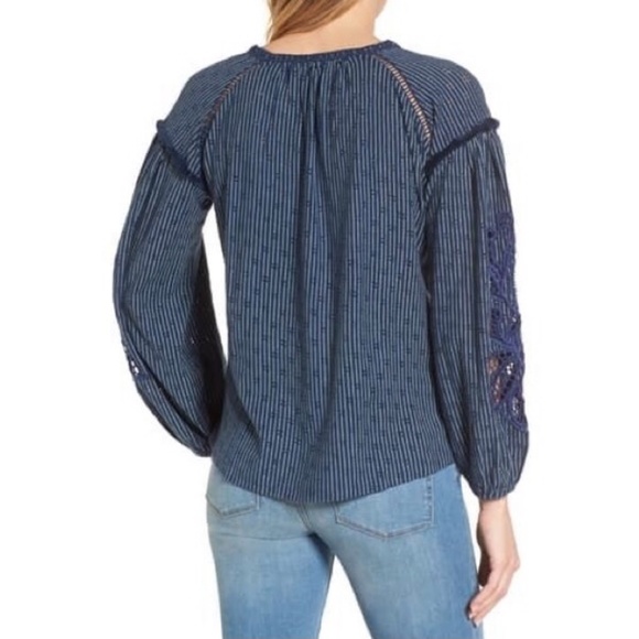 Lucky Brand Blue Eyelet Stripe Peasant Blouse XS - Picture 2 of 9